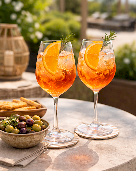 Two orange cocktails with orange slices and rosemary on a sunny outdoor table, plus a bowl of olives and breadsticks in the scene.