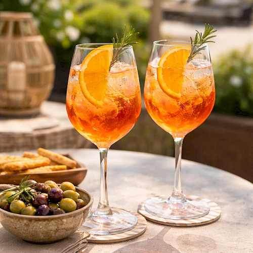 Two orange cocktails with orange slices and rosemary on a sunny outdoor table, plus a bowl of olives and breadsticks in the scene.
