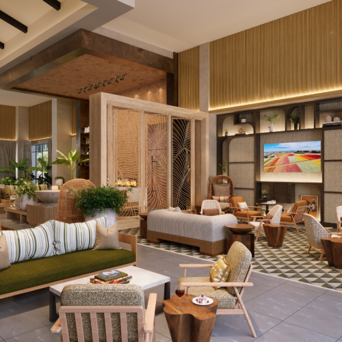 A stylish hotel lobby with natural wood accents, comfy seating, potted trees, warm lighting, and a large screen; inviting, modern, and earthy.