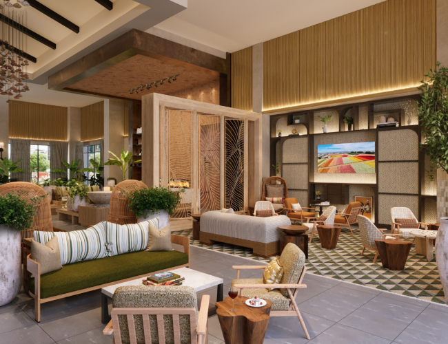 A stylish hotel lobby with natural wood accents, comfy seating, potted trees, warm lighting, and a large screen; inviting, modern, and earthy.