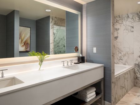 A modern bathroom with a double sink, marble-tiled walls, a large mirror, and a marble bathtub in a clean, airy space.
