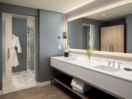 A modern hotel bathroom with a long dual sink, large mirror, ample counter space, a glass shower enclosure, and neutral gray tones.