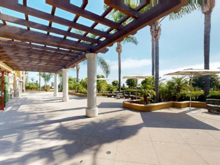 A sunny outdoor patio area with palm trees, shaded walkway, and seating, in a resort-like setting.