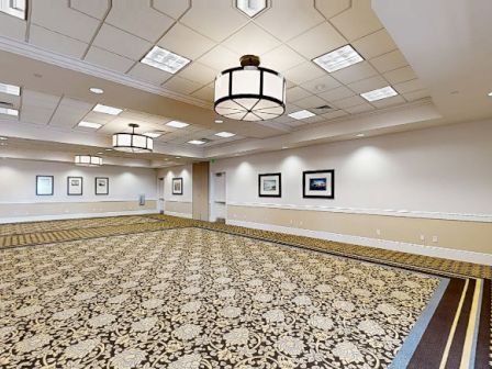 A spacious carpeted conference room with patterned beige carpet, framed photos on the walls, and modern hanging light fixtures.